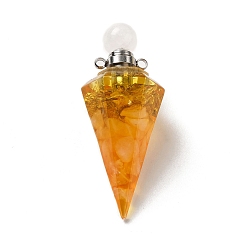 Смешанные камни Подвески для флаконов духов из натурального цитрина и розового кварца, подвески в виде граненых конусов из смолы с завинчивающейся крышкой из латуни с платиновым покрытием, 46.5~48x19~20x17~18 мм, отверстие : 1.8 мм