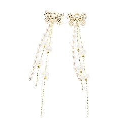 Bowknot Crystal Rhinestone Dangle Stud Earrings with Imitation Pearl, Brass Long Tassel Earrings with 925 Sterling Silver Pins for Women, Light Gold, Bowknot Pattern, 121mm, Pin: 0.8mm