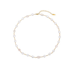 Rose Quartz Stainless Steel Link Chain Necklaces for Women, with Natural Pearl and Natural Rose Quartz Chip Beads, Golden, 16.93 inch(43cm)