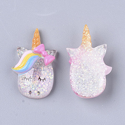 Colorful Resin Cabochons, with Glitter Sequins, Unicorn, Colorful, 27x16x7mm