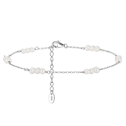 Real Platinum Plated Natural Freshwater Pearl Beaded Link Anklet with Rhodium Plated 925 Sterling Silver Cable Chain for Women, with S925 Stamp, Real Platinum Plated, 8-5/8 inch(22cm)