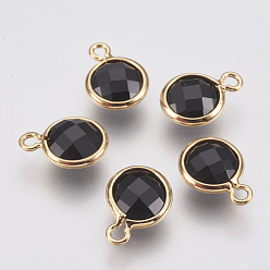 Black Glass Charms, with Brass Findings, Faceted Flat Round, Real 18K Gold Plated, Black, 9.5x7x3mm, Hole: 1.2mm