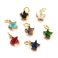 Mixed Color Brass Cubic Zirconia Charms, Real 18K Gold Plated, Cadmium Free & Lead Free, Star, Mixed Color, 10x8x4mm, Hole: 3.8mm