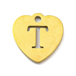 Letter T Ion Plating(IP) 304 Stainless Steel Pendant, Golden, Heart with Letter, Letter T, 12x12x1mm, Hole: 1.4mm