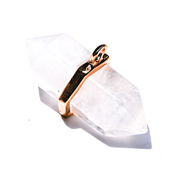 Quartz Crystal Natural Quartz Crystal Faceted Bullet Pendants, Double Terminal Pointed Charms with Golden Tone Alloy Findings, 15x35mm