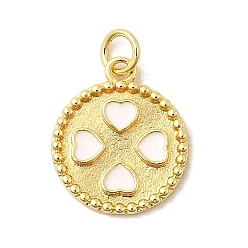 Белый Латунь эмаль подвески, плоские круглые с подвесками в виде сердечек и соединительными кольцами, без свинца и без кадмия, долговечный, стойки покрытие, реальный 18 k позолоченный, белые, 17.5x15x2 мм, отверстие : 3.4 мм