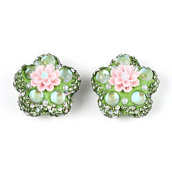 Темный Морско-зеленый Полимерная глина в форме цветка со стразами, с жемчужиной из смолы и АБС-пластика, для ручек с бусинами, брелки, ювелирные изделия и ремесла, темно-зеленый, 25.5x26.5x18.5 мм, отверстие : 1.8 мм