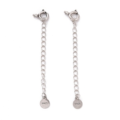 Antique Silver 925 Sterling Silver Chain Extenders, with Spring Ring Clasps & Charms, Flat Round, Antique Silver, 60x5.8mm, Hole: 2.6mm