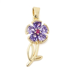 Средний Фиолетовый Латунные микро проложить кубического циркония подвески, цветок, золотые, средне фиолетовый, 24.5x11.5x3.7 мм, отверстие : 5x3 мм