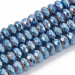 Blue Plated Electroplate Non-magnetic Synthetic Hematite Beads Strands, Faceted, Rondelle, Blue Plated, 4x2mm, Hole: 1mm, about 170pcs/strand, 15.7 inch