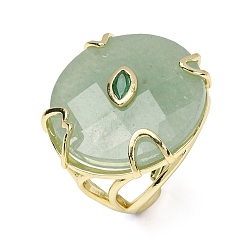 Green Aventurine Natural Green Aventurine Cuff Rings, Round, Brass Micro Pave Cubic Zirconia Cuff Open Rings, Faceted, Golden, US Size 8 1/2(18.5mm)