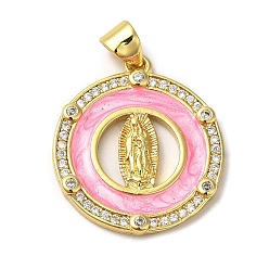Pearl Pink Rack Plating Brass Enamel Clear Cubic Zirconia Pendants, Real 18K Gold Plated, Long-Lasting Plated, Round with Saint, Pearl Pink, 23x20x2mm, Hole: 5x3mm