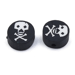 Skull Бусины из полимерной глины ручной работы на тему хэллоуина, плоско-круглые, Рисунок черепа, 9x4.5 мм, отверстие : 1.5 мм