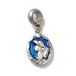 Stainless Steel Color 304 Stainless Steel Dodger Blue Enamel European Dangle Charms, Large Hole Pendants, Oval with Fishtail & Mermaid Pattern, Stainless Steel Color, 28mm, Pendant: 18x12x3mm, Hole: 4.5mm