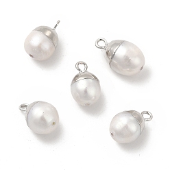 Platinum Natural Pearl Pendants, Oval Charms, with Brass Loops, White, Platinum, 13~16x8~10x8~10mm, Hole: 1.8mm