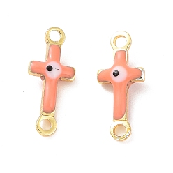 Coral Brass Enamel Connector Charms, Real 18K Gold Plated, Religion Cross with Evil Eye Pattern, Coral, 5.5x13x3mm, Hole: 1.2mm