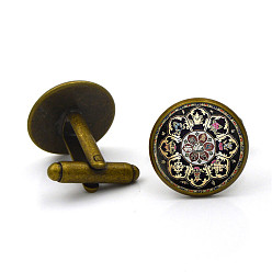 Antique Bronze Alloy Cufflinks, with Glass Cabochons, Half Round with Mandala Pattern, for Apparel Accessories, Antique Bronze, 18x17mm