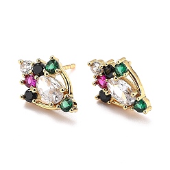 Colorful Paw Print Sparkling Cubic Zirconia Stud Earrings for Her, Real 18K Gold Plated Brass Micro Pave Cubic Zirconia Earrings, Colorful, 14.5x9.5x3.5mm, Pin: 0.8mm