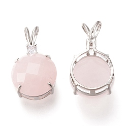 Rose Quartz Natural Rose Quartz Pendants, with Crystal Rhinestone and Platinum Plated Brass Bails, Faceted, Rabbit, 28x16x11mm, Hole: 4x7mm