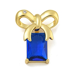 Средно-синий Стойка металлическая латунная микропрофилированная кубическая циркония подвески, со стеклом, долговечный, без кадмия и без свинца, реальный 18 k позолоченный, прямоугольник и бант, светло-синий, 26x21x8 мм, отверстие : 2x5.5 мм