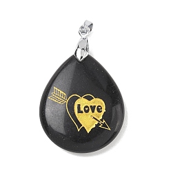 Обсидиан Природные подвески обсидиана, с реечной обшивкой латунными выводами, без кадмия и без свинца, очарование слезы, 31x25x5~7 мм, отверстие : 4.5x4 мм