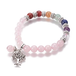 Rose Quartz Chakra Jewelry, Natural Rose Quartz Bracelets, with Metal Tree Pendants, 50mm