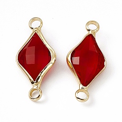 Ruby Transparent K9 Glass Connector Charms, with Light Gold Plated Brass Findings, Faceted, Rhombus Links, Ruby, 22x10x4.5mm, Hole: 2mm