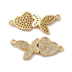 Real 18K Gold Plated Eco-Friendly Rack Plating Brass Micro Pave Clear Cubic Zirconia Connector Charms, Long-Lasting Plated, Lead Free & Cadmium Free, Butterfly with Heart, Real 18K Gold Plated, 14.5x29x2.5mm, Hole: 1.6mm