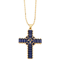 Prussian Blue Brass Micro Pave Cubic Zirconia Pendant Necklaces, Cross, Prussian Blue, 16.54 inch(42cm)