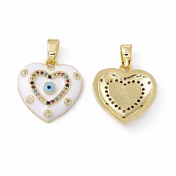 White Brass Enamel Pendants, Micro Pave Cubic Zirconia, with Glass Rhinestone, Real 18K Gold Plated, Heart with Evi Eye Charm, White, 17.5x16x2.5mm, Hole: 5x2mm