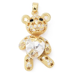 Clear Real 18K Gold Plated Rack Plating Brass Micro Pave Cubic Zirconia Pendants, with Glass, Long-Lasting Plated, Cadmium Free & Lead Free, Bear with Star Pattern, Clear, 38x19.5x9mm, Hole: 3.5x5mm