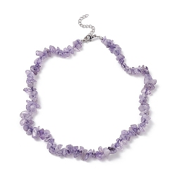 Amethyst Natural Amethyst Chips Beaded Necklaces, 304 Stainless Steel Jewelry for Women, 15.24''(38.7cm)