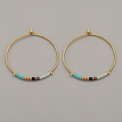 Pale Turquoise Glass Seed Beaded Hoop Earrings, Boho Beach Earrings, Pale Turquoise, 30x30mm