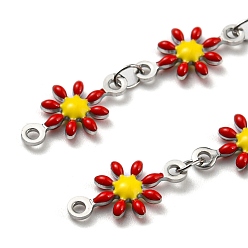 Red 304 Stainless Steel Flower Link Chain, with Enamel, with Spool, Unwelded, Red, 12.5~13x7~8x2mm, 5m/roll