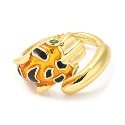 Sandy Brown Enamel Leopard Open Cuff Ring with Cubic Zirconia, Real 18K Gold Plated Brass Jewelry, Long-Lasting Plated, Sandy Brown, Inner Diameter: 18mm