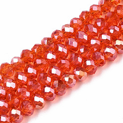 Orange Red Electroplate Glass Beads Strands, AB Color Plated, Faceted, Rondelle, Orange Red, 4x3mm, Hole: 0.4mm, about 123~127pcs/strand, 16.5~16.9 inch(42~43cm)