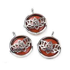Red Jasper Natural Red Jasper Locket Pendants, Flat Round Charms, with Platinum Plated Brass Lotus Findings, 31.5x27x9mm, Hole: 4.6mm