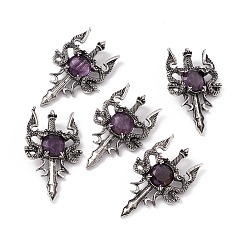 Amethyst Natural Amethyst Pendants, Sword Charms, with Rack Plating Antique Silver Tone Alloy Findings, Cadmium Free & Lead Free, Faceted, 48x29x6.5mm, Hole: 6x3.5mm