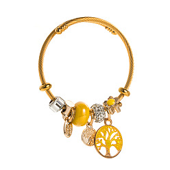 Yellow Gold Stainless Steel Pandora Bracelet with DIY Tree of Life Oil Drop Pendant Adjustable Open Bangle