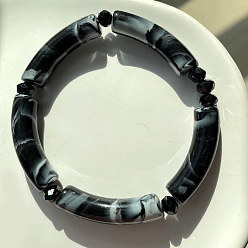 Black Acrylic Curved Tube Beaded Stretch Bracelet, Imitation Gemstone Jewelry for Women, Black