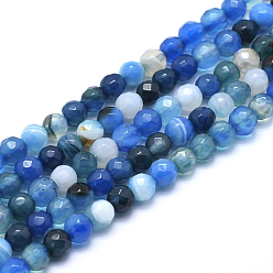 Blue Natural Agate Beads, Dyed, Faceted Round, Blue, 8mm, Hole: 1mm, about 48pcs/strand, 14.1 inch(36cm)