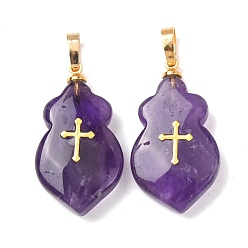 Аметист Подвески из натурального аметиста , Тыквообразной формы с латунными защелкивающимися креплениями и 304 крестообразными кабошонами из нержавеющей стали., золотые, 30.5~31.5x17~17.5x4.5~7 мм, отверстие : 7.5x4 мм