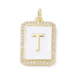 Letter T Brass Enamel Micro Pave Clear Cubic Zirconia Pendants, with Jump Ring, Real 18K Gold Plated, Rectangle Charm, Letter T, 20x13.5x2mm, Hole: 3.4mm