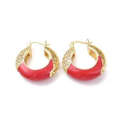 Red Enamel Hoop Earrings with Clear Cubic Zirconia, Real 18K Gold Plated Brass Jewelry for Women, Lead Free & Cadmium Free, Red, 27.5x26.5x8.5mm, Pin: 0.9~1.3x0.7mm