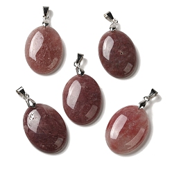 Клубничный Кварц Натуральные кварцевые подвески из клубники, овальные подвески со стойкой, латунные кнопки с платиновым покрытием, защелки на дужках, 30x21.5~22x6~6.5 мм, отверстие : 6x4 мм