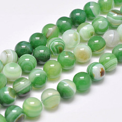 Spring Green Natural Striped Agate/Banded Agate Bead Strands, Dyed & Heated, Round, Grade A, Spring Green, 10mm, Hole: 1mm, about 39pcs/strand, 15.2 inch(387mm)