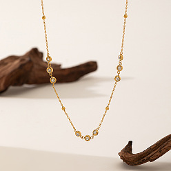 Золотой 304 Цепочка из нержавеющей стали с плоскими круглыми звеньями, инкрустированная прозрачными кубическими циркониями, для женщин, золотые, 15.75 дюйм (40 см)