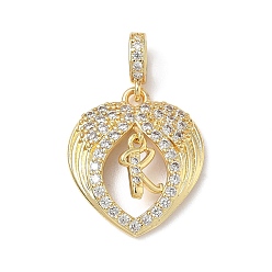 Letter K Латунные микропаве прозрачные подвески с фианитом, крыло с буквенными подвесками, без свинца и без кадмия, долговечный, стойки покрытие, реальный 18 k позолоченный, Письмо K, 20.5x18x3.5 мм, отверстие : 4.5x3.5 мм