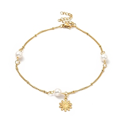 Цветок Браслет ccb с жемчужными звеньями, золотой 304 браслет с подвесками из нержавеющей стали и цепочками-сателлитами для женщин, цветочным узором, Цветок: 13x10x0.5 мм, 9 дюйм (22.8 см)