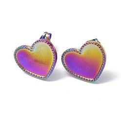 Rainbow Color Ion Plating(IP) 304 Stainless Steel Stud Earring Findings, Heart Tray Earring Settings, with Ear Nuts, Rainbow Color, Tray: 9x13mm, 13x15mm, Pin: 0.7mm